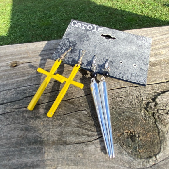 Large drop earrings yellow cross Silver spikes New with tags - Picture 2 of 5